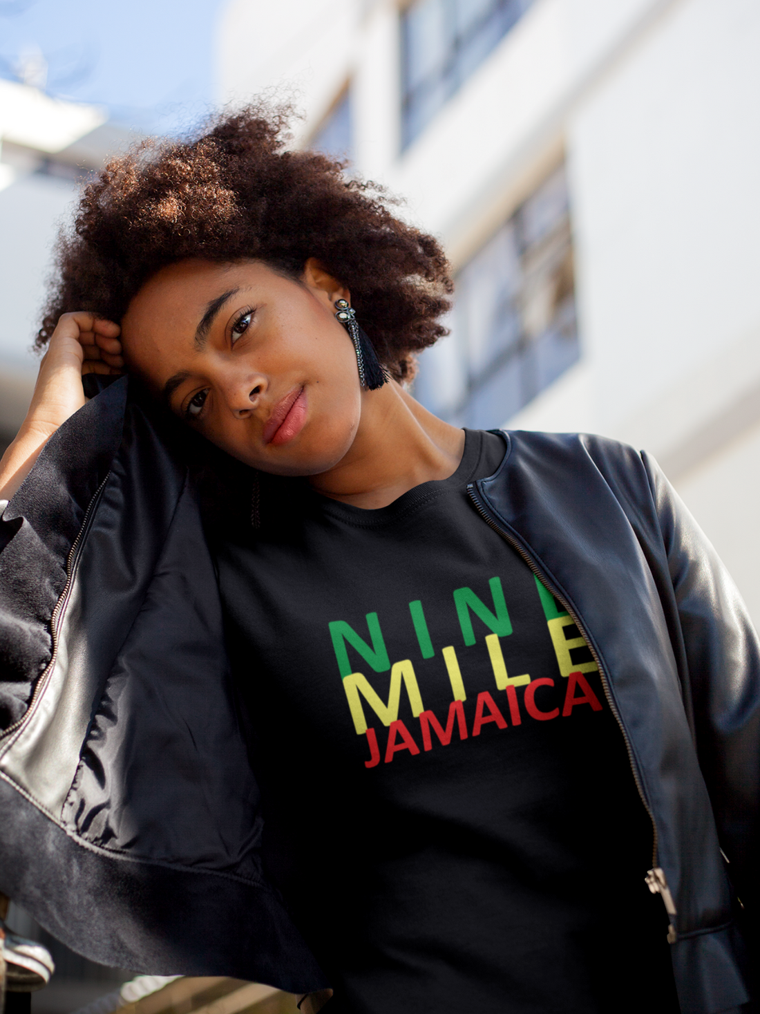 Nine Mile Clothing's Black Jamaica Reggae Stretch t-shirt with front logo in green, yellow and green.