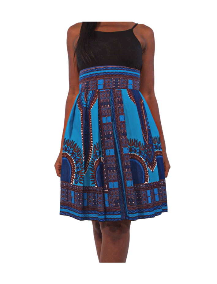 Blue African Print Pleated Skirt
