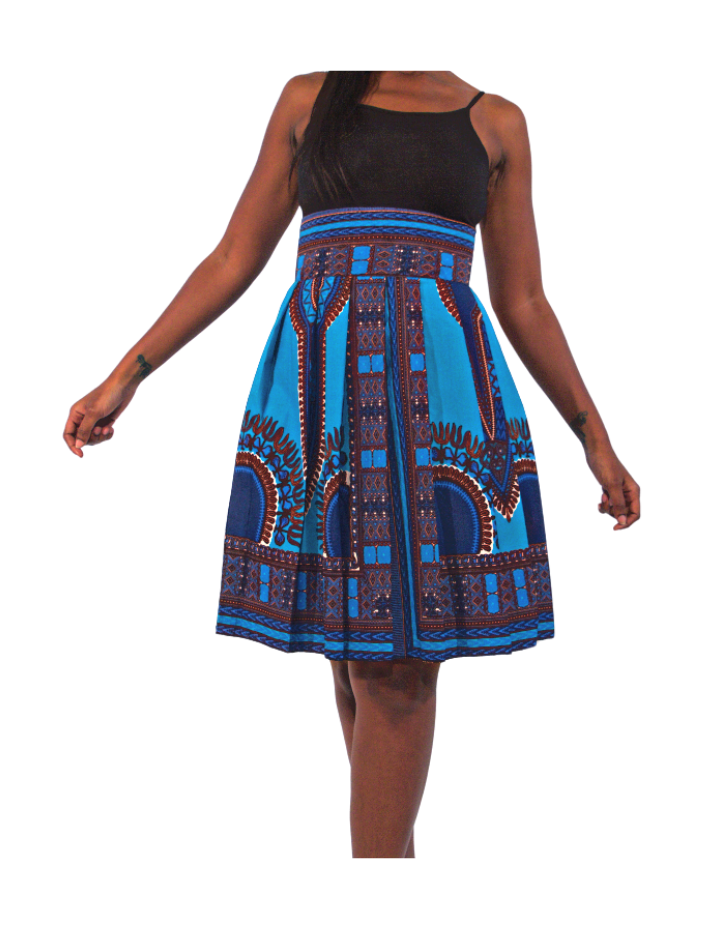 Blue African Print Pleated Skirt
