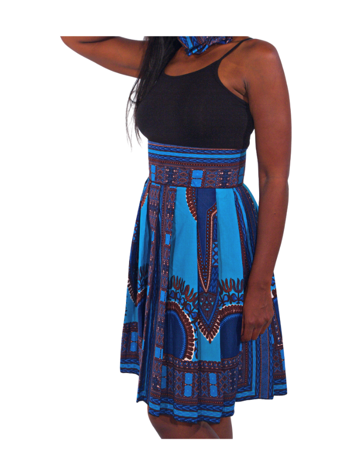 Blue African Print Pleated Skirt