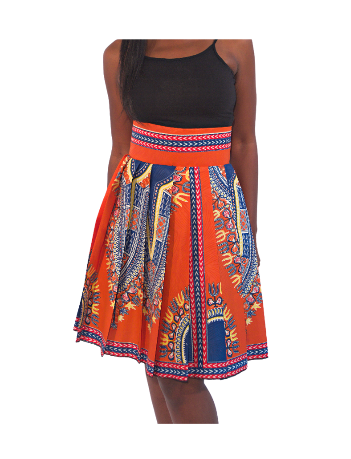 Orange African Print Pleated Skirt