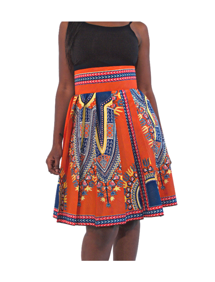 Orange African Print Pleated Skirt