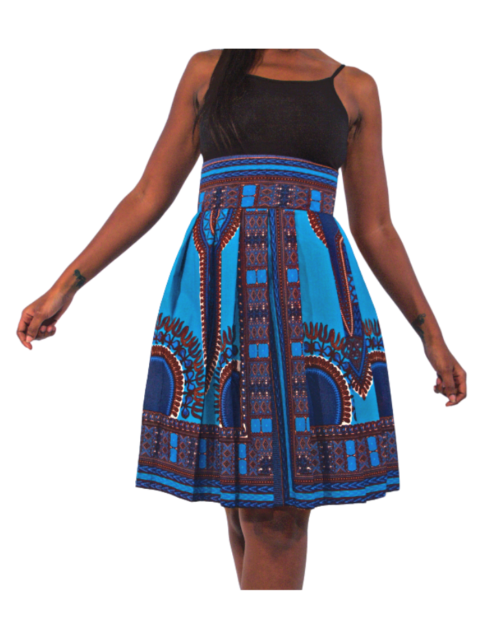 Blue African Print Pleated Skirt