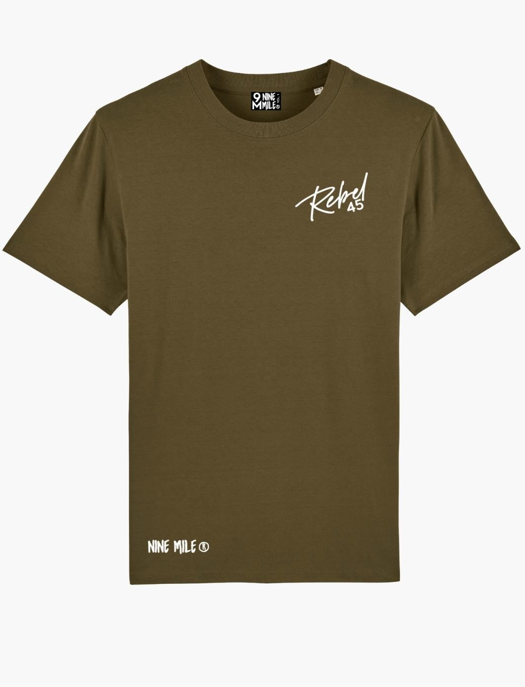 Nine Mile Rebel 45 khaki t-shirt made from organic cotton.